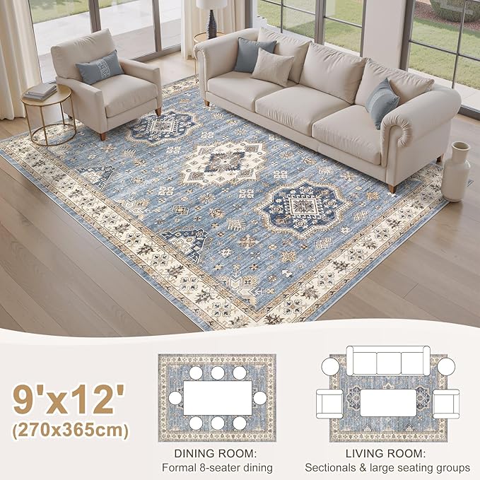 EIEIHOUSE Washable Area Rugs for Living Room -9x12 Neutral Vintage Distressed Floral Farmhouse Boho Large Soft Floor Rug Indoor Non Slip Carpet for Living Room Bedroom Dining Room Office - Blue