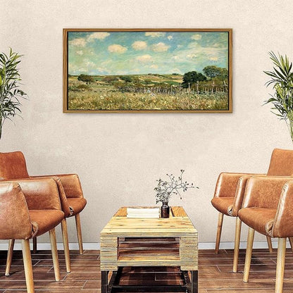 Rustic Grassland Wall Art Canvas Wooden Framed Vintage Green Forest Pictures Wall Decor Countryside Wildflower Landscape Painting Prints Abstract Artwork for Living Room Bedroom Home Decoration 24x48