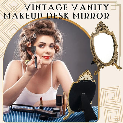 Threehoney 2 Pcs Small Gold Vintage Mirror Antique Vanity Makeup Desk Mirror Traditional Arch Tabletop Mirrors with Stand Baroque Decorative Wall Art for Living Room Bedroom Dresser Decor