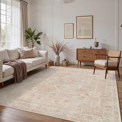 GENIMO 10x14 Area Rugs for Living Room, Machine Washable Rug, Non Slip Indoor Vintage Rug, Low Pile Lightweight Chenille Print Carpet for Bedroom Dining Room Home Office, Light Pink
