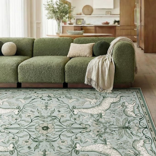 Lahome 8x10 Washable Deer Rug, Dorval Boho Woodland Cottage Area Rug, Non Slip Low Pile Large Light Green Carpet for Living Room Bedroom Dining Room Kitchen Nursery Decor