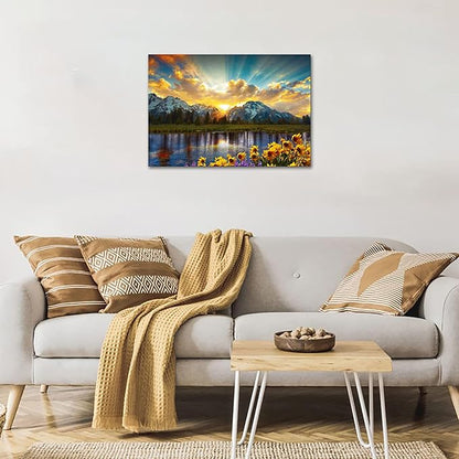 SKASNFAI Grand Teton National Park Wall Art Sunflower Landscape Canvas Mountain Artwork Landscape Print for Living Room Framed (28x44 inch)
