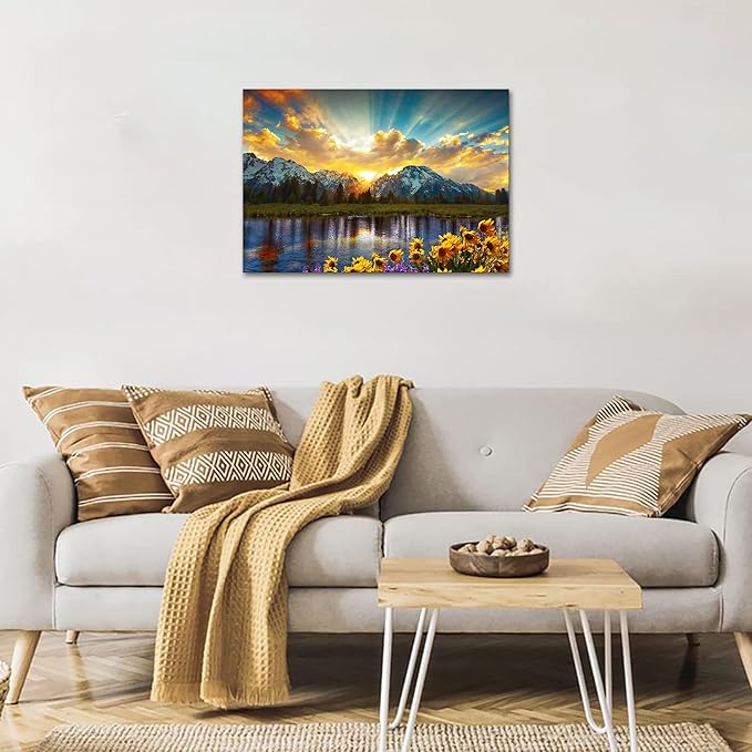 SKASNFAI Grand Teton National Park Wall Art Sunflower Landscape Canvas Mountain Artwork Landscape Print for Living Room Framed (20x30 inch)
