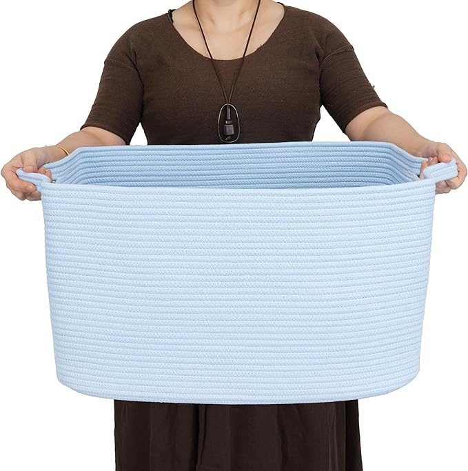 XUANGUO Large Cotton Rope Storage Basket for Blankets, 22" x 17" x 12" Rectangle Woven Basket Bin for Living Room, Nursery, Kids & Dog Toys, Laundry basket for Clothes & Towels, Blue