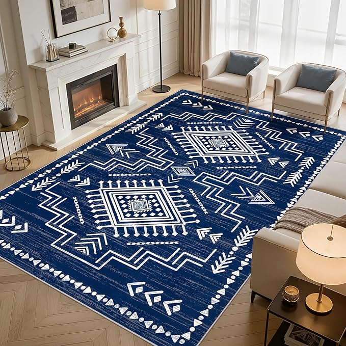 Joydeco 6x9 Moroccan Living Room Rugs, Navy Blue Washable Modern Area Rug for Bedroom, Western Low Pile Non Shedding Distressed Aztec Dining Room, Aztec Soft Non Slip Carpet for Office Home Decor