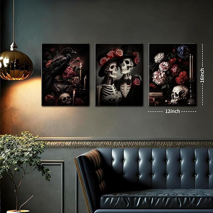 Gothic Canvas Wall Art Set of 3, Red Rose Skull Wall Decor Paintings, Dark Romantic Crow Goth Halloween Aesthetic Posters Prints for Bathroom, Living Room, Gallery, Home Decor 12x16Inch Framed