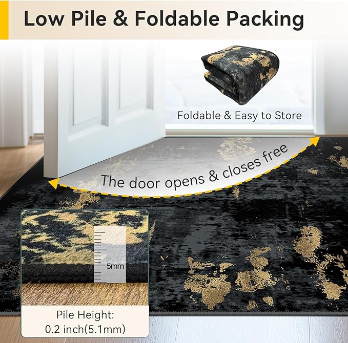 RELEANY Washable Area Rugs 10'x14' Non-Slip Modern Abstract Soft for Living Room Entryway Bedroom Nursery, Print Pattern, Dark Black Gold