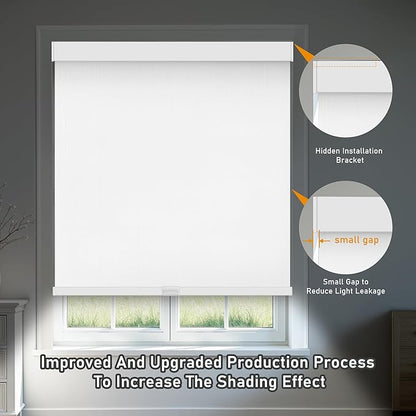 AOSKY Linen Roller Blinds Shades for Indoor Windows Pull Down Cordless Blackout Black Out Window Shade 30.5 Inch Blinds for Home White