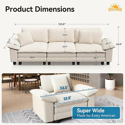 SUNSHINE VALLEY 3 Seat Modular Sofa, 123.6'' Oversized Modern Corduroy Sectional Couch with Removable Armrest and Pillow, Upholstered Cloud Deep Seat Sofa for Living Room, Beige