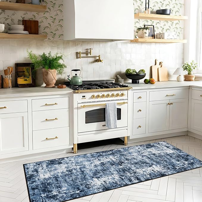 Rugflix 2x8 Runner Rug for Entryway, Kitchen Rugs Soft Non-Slip Washable Runners for Hallway, Abstract Small Carpet with Non-Slip Rubber for Bedroom, Living Room, Navy Blue/Black