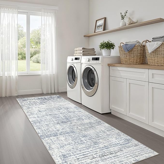 Runner Rug Non-Slip Kitchen Rug: 3x10 Washable Abstract Modern Soft Stain Resistant Indoor Floor Neutral Accent Throw Carpet for Hallway Bathroom Laundry Room Bedroom Entryway- Blue