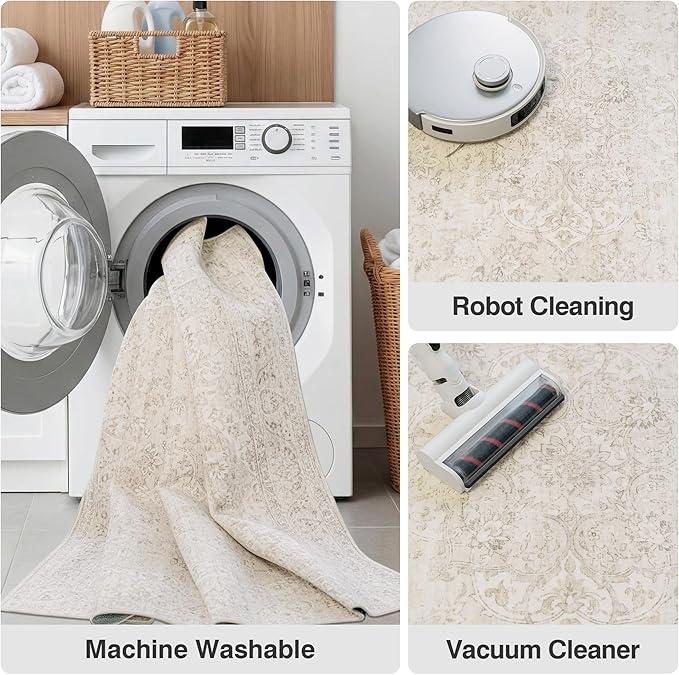 FMFUNCTEX 5ft Round Washable Area Rug Beige Vintage Neutral Oriental Distressed Non Slip Carpet for Living Room Bedroom Soft Low Pile Indoor Mat Retro Cream Rug for Dining Room Office Nursery Bedside