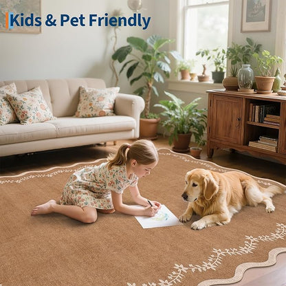 GarveeHome 3x5 Scalloped Washable Area Rug for Bedroom,Soft Solid Brown Entryway Rug Farmhouse Kitchen Mat Non Slip Low Pile Carpet Stain Resistant Throw Rug for Bedside Kids Room Office Dining Room
