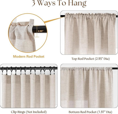 Linen Textured Bathroom Window Curtains 36 Inch Length Short Kitchen Curtain Semi Sheer Farmhouse Boho Curtains 2 Panels Tan Beige Light Coffee for Cafe Bedroom Rod Pocket Drapes W30xL36