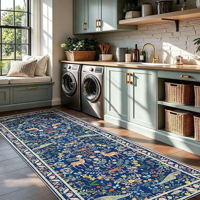 2x6 Blue Entryway Runner Rugs Washable Non Slip Runners for Hallway, Kitchen, Mudroom, Laundry Room, Stain Resistant Ultra Soft Non Skid, Nature Floral Design Indoor Decor