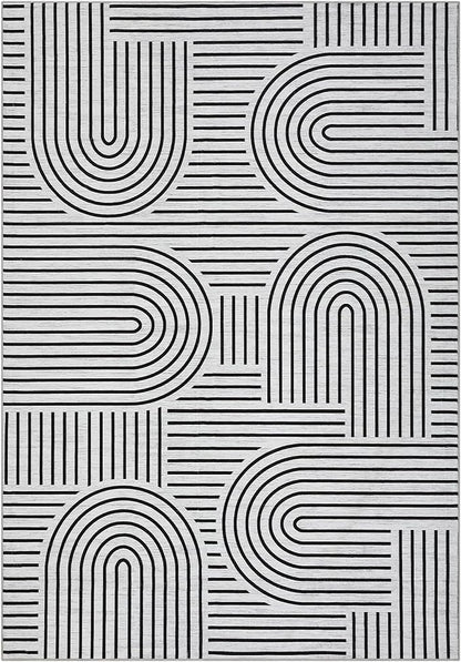 Washable Rug 9x12 Area Rugs for Living Room, Abstract Rug for Bedroom, Soft Rainbow Non Slip Throw Rugs with Rubber Back, Low Pile Stain Resistant Boho Geometric Carpet for Dining Room, Blackwhite
