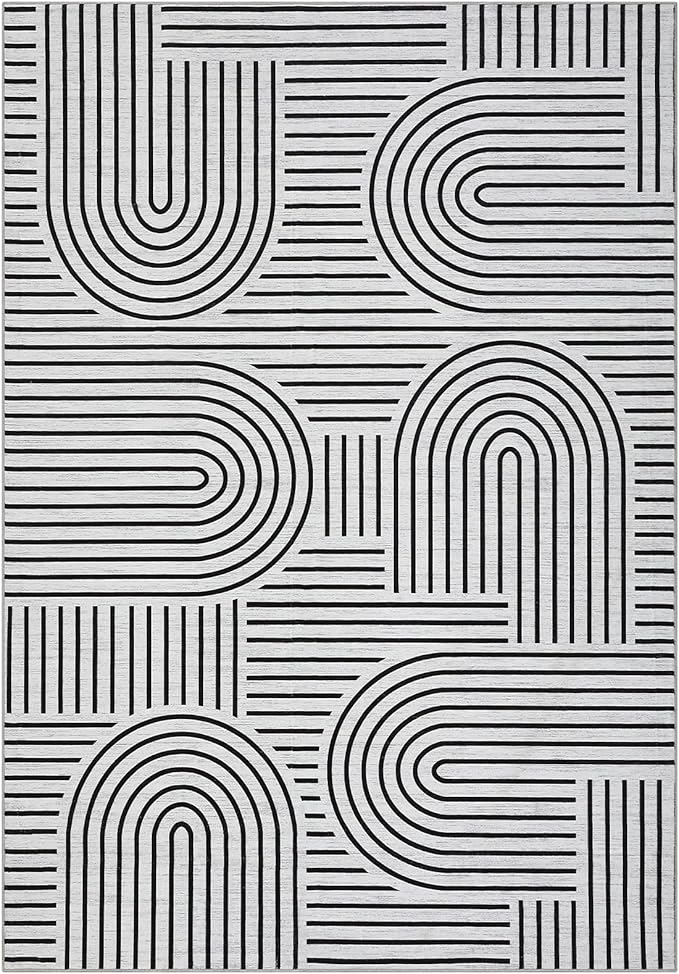 ROYHOME Washable Rug 5x7 Area Rugs for Living Room, Abstract Rug for Bedroom, Soft Rainbow Non Slip Rugs with Rubber Back, Low Pile Stain Resistant Boho Geometric Carpet for Dining Room, Blackwhite