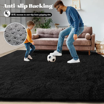 2x6 Runner Rug for Bedroom: Fluffy Shag Soft Washable Rugs Small Fuzzy Plush Indoor Carpet for Hallway Bedside Dorm Kids Girls Boys Room (Black, 2'x6')