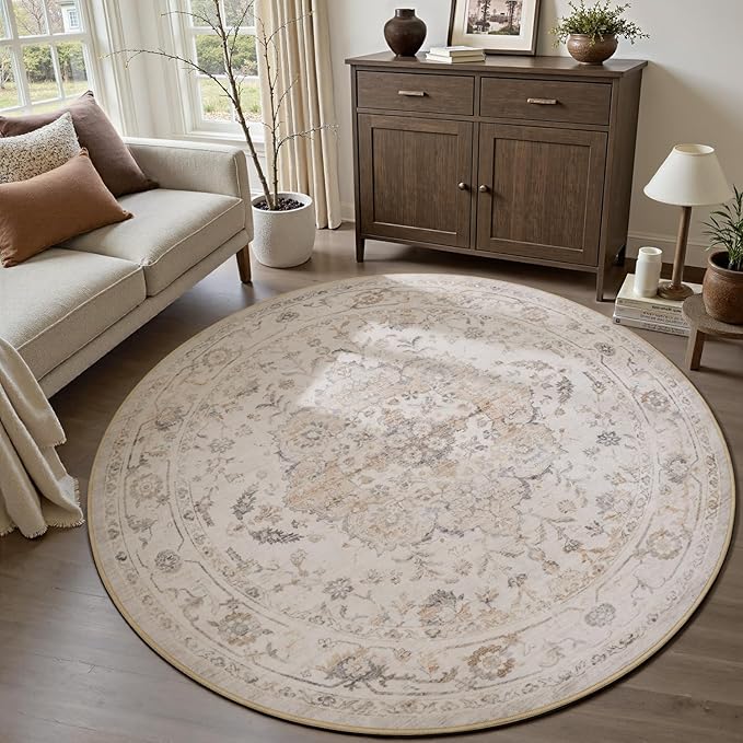PADOOR 6FT Round Rug,Rugs for Living Room,Soft Beige Circle Rug,Machine Washable Rugs for Bedroom,Non Slip Carpet,Rug for Dining Room Living Room Bedside Office
