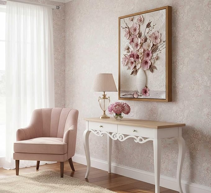 Framed Pink Floral Canvas Wall Art Abstract Flowers Plant Bouquet in Vase Painting Picture Wall Decor Poster Print Artwork for Living Room Bedroom Woman Room Home Decoration