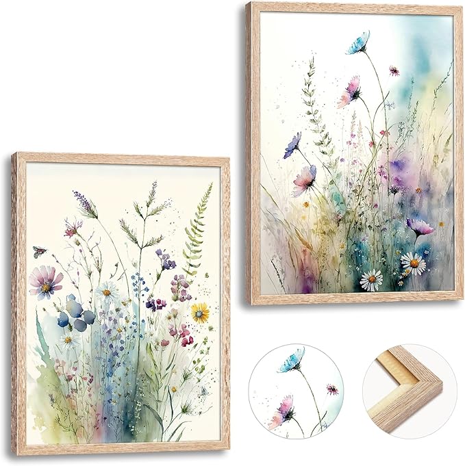 Large Framed Colorful Flowers Bathroom Wall Art Decor, Blue Floral Picture Canvas Print White Daisy Painting Artwork for Bedroom Living Room Office Decoration 16"x24"x2 Panels
