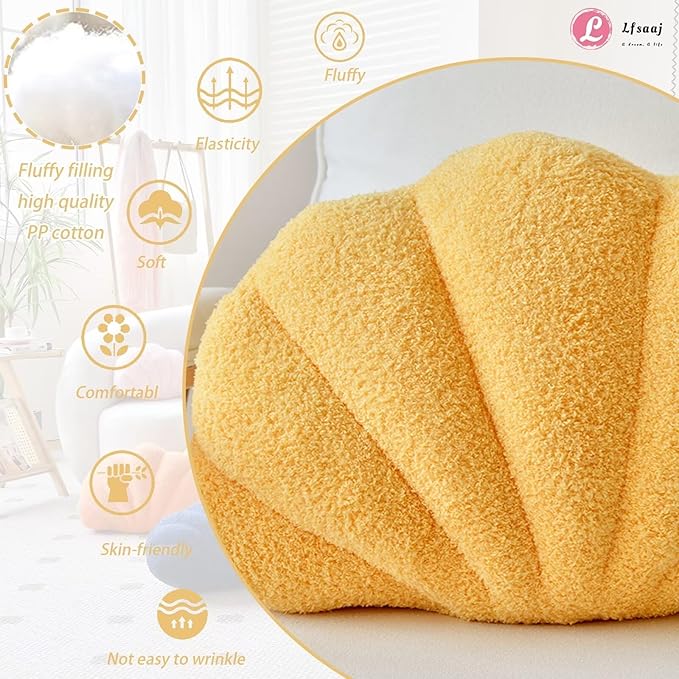 Lfsaaj Yellow Seashell Throw Pillows, Shell Shaped Throw Pillows, 13 Inch Soft Home Decorative Pillow Plush Cushion for Bed Couch Living Sofa Room Decor Accent Throw Pillow