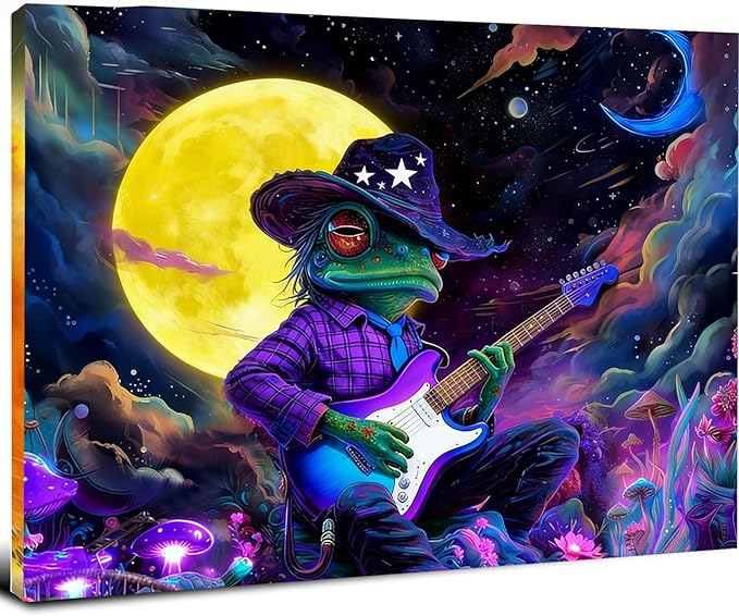 12x16 Trippy Space Purple Frog Canvas Wall Art, Watercolor Framed Outer Funny Guitar Player Kids Sci-fic Room Decor Teen Boy Bedroom Cool Posters Children Home Prints Painting for Living Room Bathroom