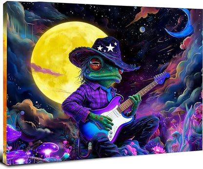 12x16 Trippy Space Purple Frog Canvas Wall Art, Watercolor Framed Outer Funny Guitar Player Kids Sci-fic Room Decor Teen Boy Bedroom Cool Posters Children Home Prints Painting for Living Room Bathroom