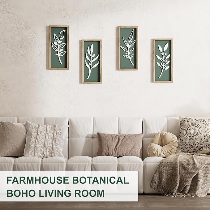 3D Tree Leaf Sage Green Boho Wall Art Lightweight (Set of 4), Minimalist Botanical Farmhouse Wooden Framed Bathroom Wall Decor For Living Room Bedroom Kitchen Office Hallway Decorations