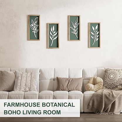 3D Tree Leaf Sage Green Boho Wall Art Lightweight (Set of 4), Minimalist Botanical Farmhouse Wooden Framed Bathroom Wall Decor For Living Room Bedroom Kitchen Office Hallway Decorations