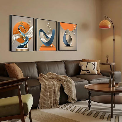 3 Pcs Modern Abstract Canvas Wall art Golden Deer Luxury Foil Lines Wall Decoration Pictures Paintings White Blue orange color Grey posters Prints for Living Room Bedroom Office Home Decoration