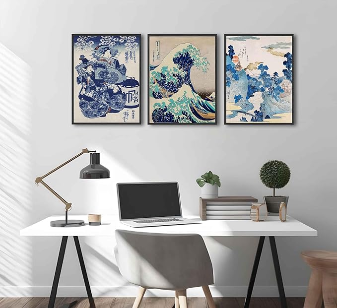 3Pcs Japanese Wall Art Great Wave Hokusai Canvas Pictures Kanagawa Paintings Blue Asian Landscape Posters Prints for Room Office Bathroom Home Wall Decor Gifts for Japan Lovers Unframed