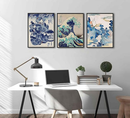 3Pcs Japanese Wall Art Great Wave Hokusai Canvas Pictures Kanagawa Paintings Blue Asian Landscape Posters Prints for Room Office Bathroom Home Wall Decor Gifts for Japan Lovers Unframed