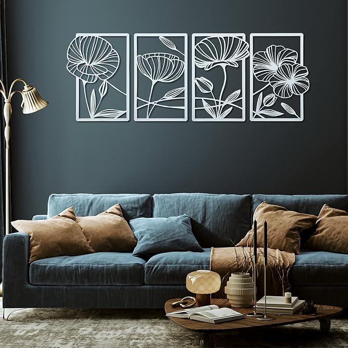 4 Pcs Metal Wall Art 16.5 x 11.8'' Line Art Wall Decor Floral Minimalist Decor Hanging Flower Aesthetic Modern for Living Room Bedroom Bathroom Kitchen Decoration(White)