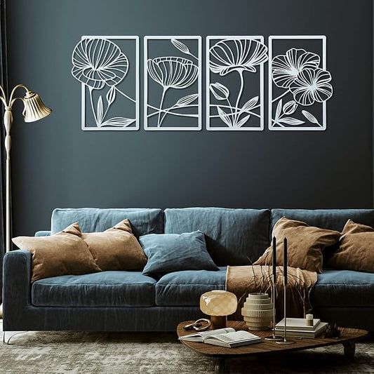 4 Pcs Metal Wall Art 16.5 x 11.8'' Line Art Wall Decor Floral Minimalist Decor Hanging Flower Aesthetic Modern for Living Room Bedroom Bathroom Kitchen Decoration(White)