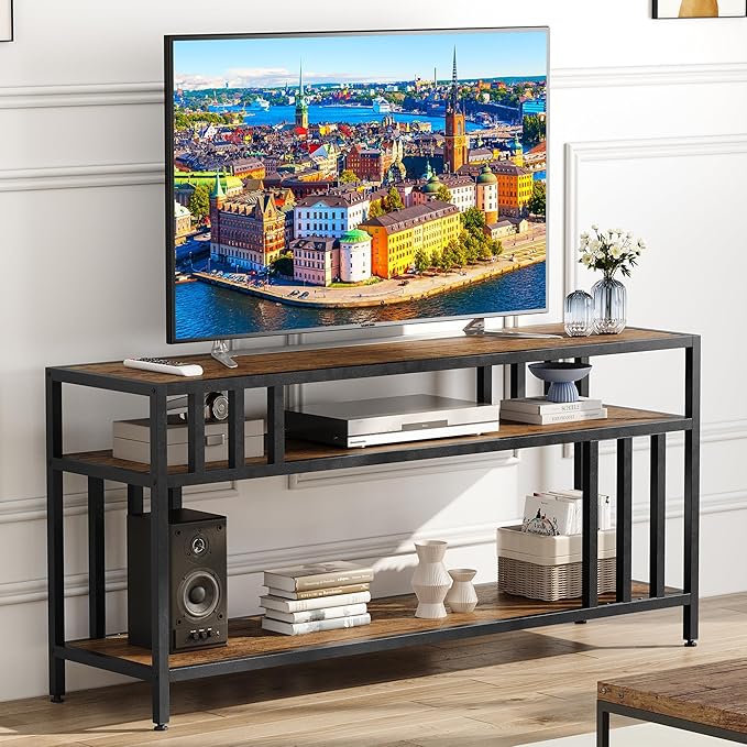 58'' TV Stand for Television up to 65 Inches, Entertainment Center with 3-Tier Open Storage Shelves, TV Media Console Table with Quadruple-Tube Support for Living Room, Rustic Brown