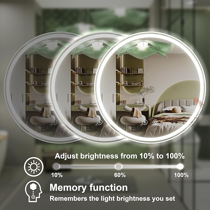 20 Inch Round LED Bathroom Mirror with Anti-Fog, Dimmable Front & Backlit Lights, 6000K Daylight, Frameless, 5mm HD Glass, Memory Function, Touch Control, CRI 90+