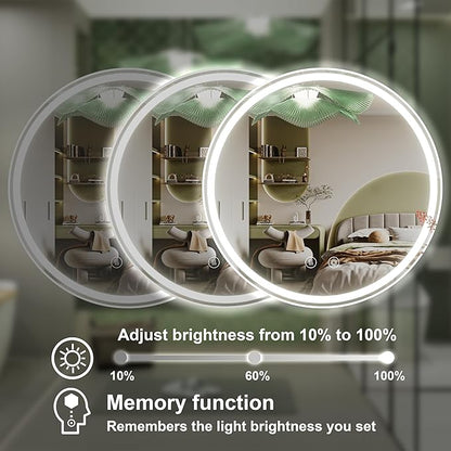 20 Inch Round LED Bathroom Mirror with Anti-Fog, Dimmable Front & Backlit Lights, 6000K Daylight, Frameless, 5mm HD Glass, Memory Function, Touch Control, CRI 90+