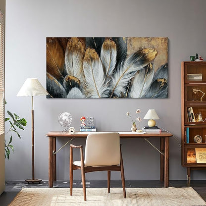 Mofutinpo Feather Wall Art Modern Living Room Bedroom Wall Decoration Large Giclee Print Canvas Painting Artwork for Home Decor One Piece White Gold Brown Feather Picture Ready to Hang 24x48 Size