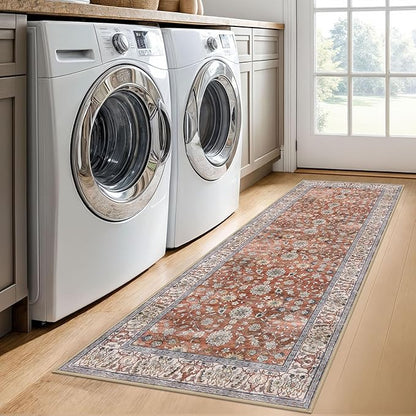 KUTA Runners for Hallways 2x6, Vintage Floral Rug Non-Slip Washable Kitchen Rugs Red Clay Ultra Thin Soft Printed Retro Distressed Flower Carpet Entryway Rugs for Bedroom Laundry Nursery