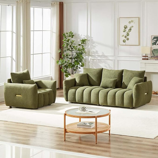 Antetek Teddy Sofa Set for Living Room, Modern Deep Seat Sofa Chair and Oversized 3-Seater Cloud Boucle Couch for Bedroom, Office, Apartment, Furniture Set, Green (2 Piece)