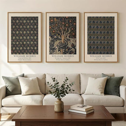 Framed Vintage William Morris Canvas Wall Art Set of 3, Nature Rustic Botanical Artwork for Walls, Retro Classic Floral Illustrations Paintings Pictures for Living Room, Bedroom, Dining Room, Hallway, Office Wall Decor, Total Size 30x60 in