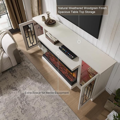 75 Inch Electric Fireplace TV Stand, 3- Side Glass LED Modern Media Entertainment Center Console Table for TVs up to 80/85 Inch w/Adjustable Flame, 40’’ Fireplace, Highboy, Antique White