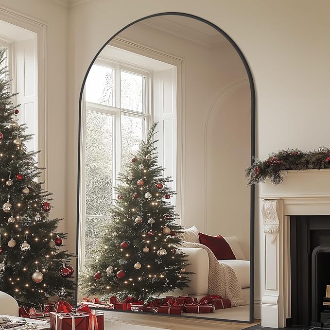 Arched Full Length Mirror, 76"X44" Oversized Black Floor Mirror Full Length, Tempered Glass Large Free Standing Mirror for Bedroom Living Room Clothing Store Gym, Aluminum Alloy Frame