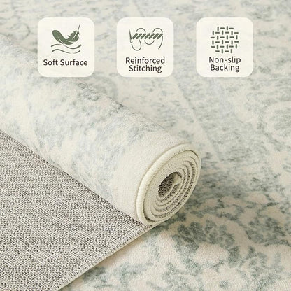 Rugxara 5X7 Washable Area Rug for Living Room, Vintage Large Boho Rugs for Office, Dining Room, Kids Room, Farmhouse, Durable Low Pile Non Slip Carpet for High Traffic Areas, Light Green
