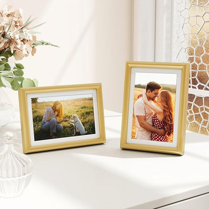 Fun Memories 5x7 Picture Frame Gold, High-End Aluminum Frames 5 x 7 for Wall & Tabletop Display, 5 by 7 Photo Frames with Real Glass, 5x7 Frame with Mat for 4x6, 1 Pack