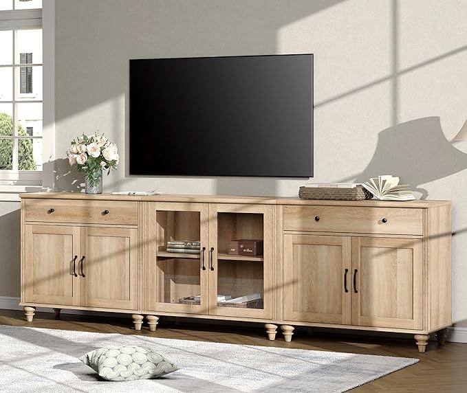 WAMPAT Farmhouse TV Stand for 100 Inch TV, 3-in-1 TV Console Table for 75/80/85/90 Inch TV, Entertainment Center with Glass & Wood Door, Kitchen Sideboard Buffet Cabinet for Dining Room, Oak