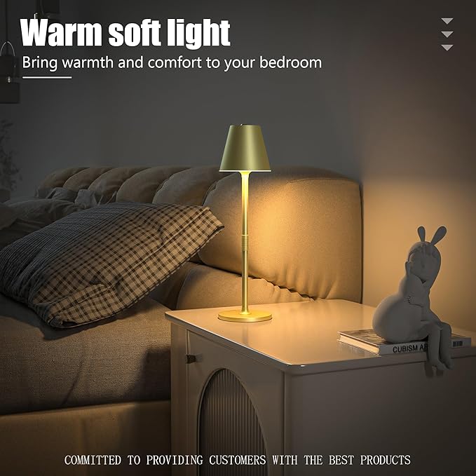 Timjorman 4-Pack Cordless Table Lamps - 5000mAh Rechargeable Battery Operated Desk Lamp, 3-Level Dimmable LED Night Light for Bedroom, Dining, Restaurant - Metal Design (Champagne Gold 4Pack)