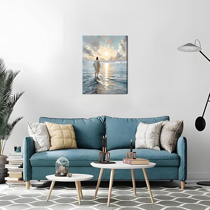 Jesus Canvas Wall Art, Christian Wall Decor of Jesus Walking on Water, Inspirational God Picture for Living Room, Prayer Room or Church, Catholic Religious Artwork – 16"x24" Framed