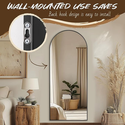Antok Full Length Floor Mirror Arched Standing Mirror with Aluminum Frame - Freestanding Wall Mount Leaning Body Mirror for Bedroom Living Room Entryway, 58" L x 18" W, Black
